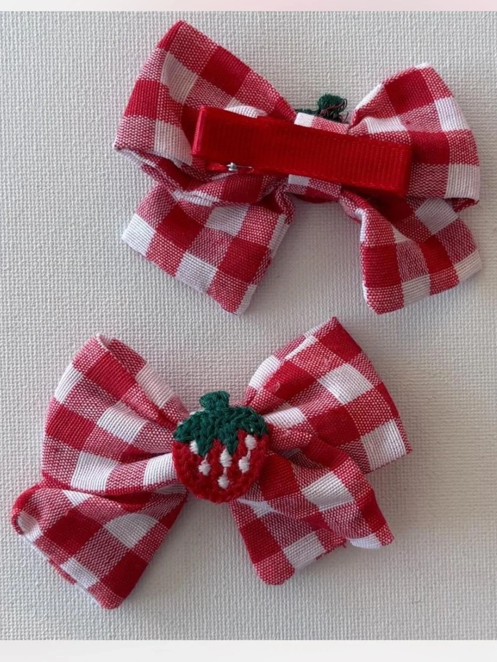 Red Gingham Strawberry Bow‎ Hair Clips Set